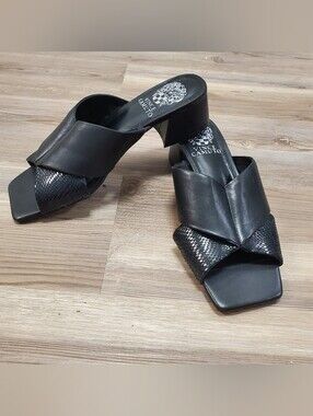 Vince Camuto Seedanta Black Leather & Snake-Embossed Slide Mules Size 5.5